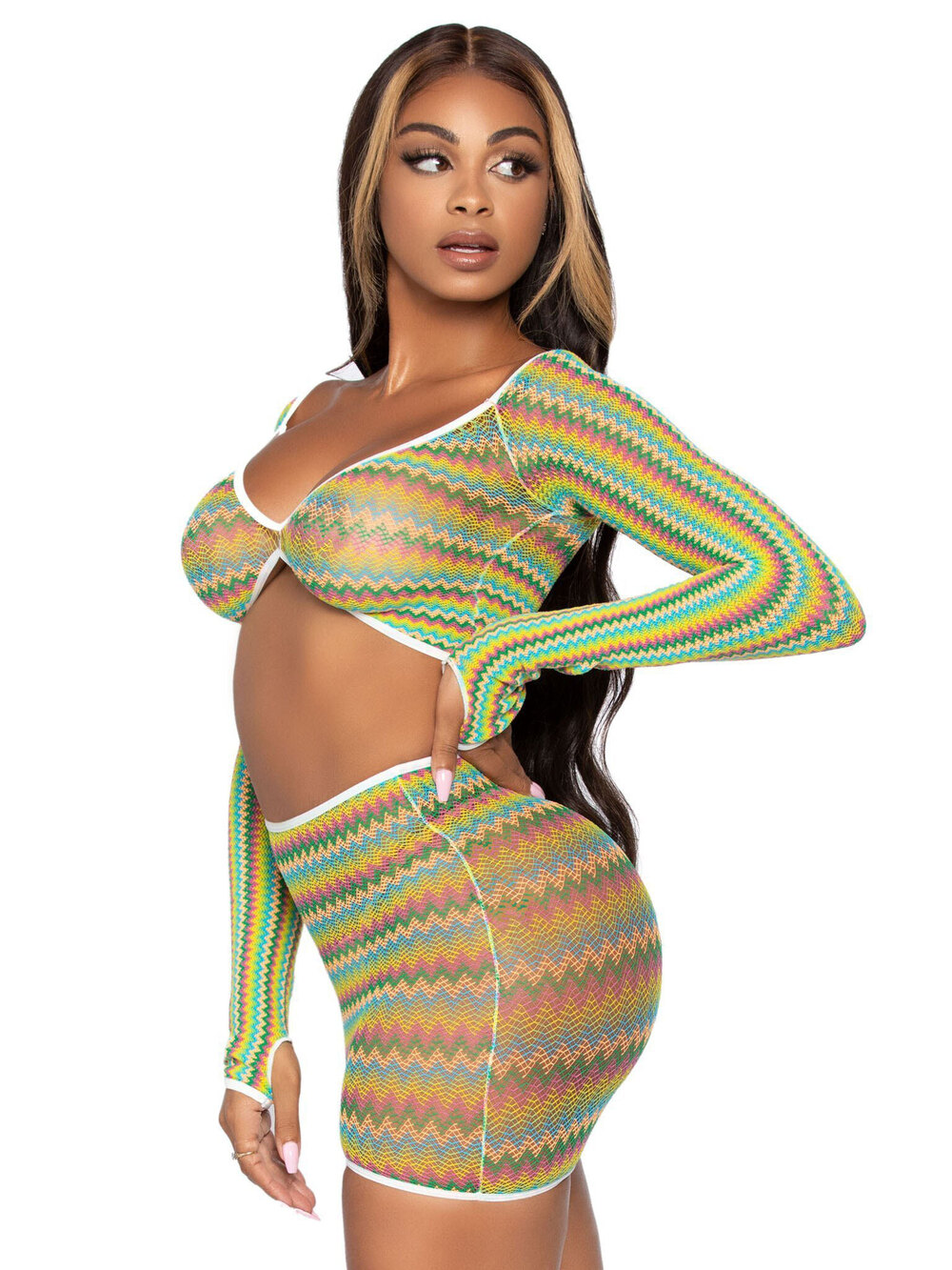 Leg Avenue Green 2pc Zig Zag Net Crop Top Dress OS NWT Clubwear